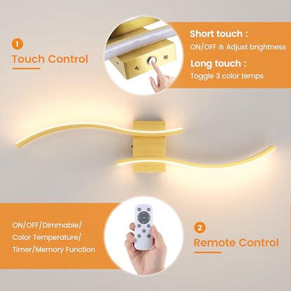 VOLISUN Battery Operated Wall Sconces Set of Two, 27.6 inch Wireless Wall Sconces, 3000K-6500K Dimmable Wall Lamps with Remote, Rechargeable Gold Wall Lights for Living Room, Hallway, Bedroom - color: Gold, size: 27.6 INCH