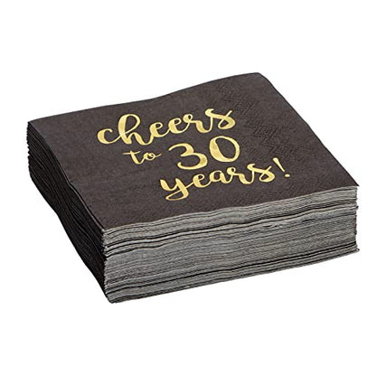 BLUE PANDA 30th Birthday Napkins - 5 x 5 in, 3-Ply, 50 Count, Black & Gold - Cheers to 30 Years Foil Print Napkins - 30th Anniversary Decorations - 30 Balloons - size: 50 Pack