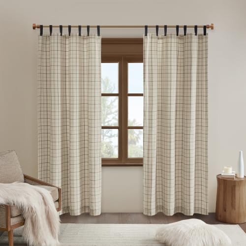 Madison Park Plaid Window Curtain, 1 Panel, 50x95 Natural, Top Tab - color: Faux Leather Tab Top, Natural, size: 50"W x 95"L (Pack of 1)