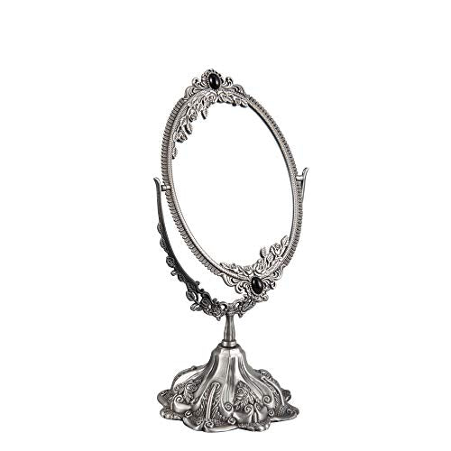 Feyarl Small Vintage Makeup Mirror Floral Tabletop Oval Vanity Mirror with Stand Dressing Room Swivel Double Sided Elegant Decorative Mirror Embossed Frame (Pewter)