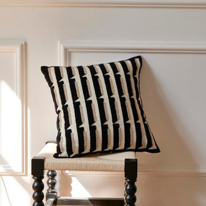 Black Cream Modern Strip Tufted Throw Pillow Covers，Neutral Textured Minimalism Chunky Pillowcases,Bohemian Mid Century Geometric Sham for Couch,1PC,18x18 Inch