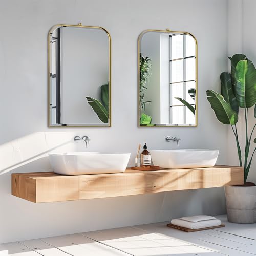 POZINO 35"x22" Brushed Gold Rectangle Beveled Bathroom Mirror for Over Sink - color: Gold Arch, size: 35"L x 22"W