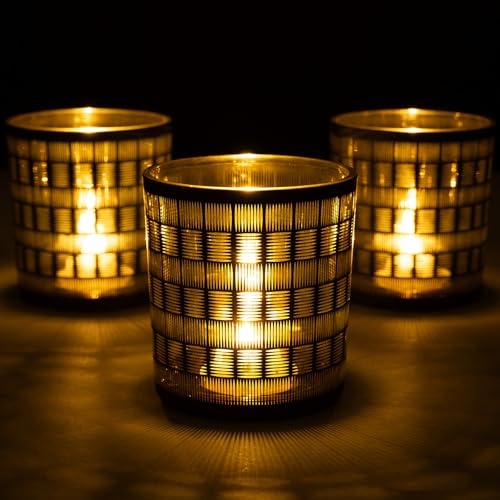 Votive Candle Holders, Set of 3 Black and Gold Glass Tealight Candle Holder with Woven Pattern, Vintage Tea Light Holders for Chirstmas Table Centerpieces Birthday Party Home Decor