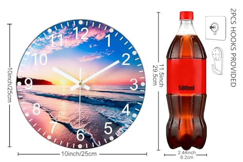 Battery Operated Wall Clock with Beach Sunset Pattern - 10 Inch Thick Glass Silent Non Ticking Analog Clock, Quartz Large Numbers Modern Wall Clocks for Living Room Bedroom Bathroom Office Gym - color: Blue Red, size: 10 Inch