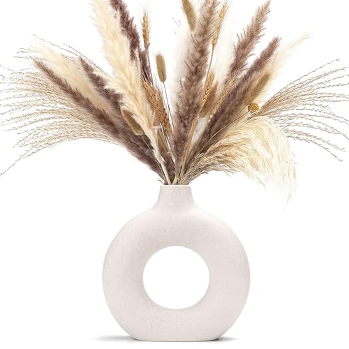 CEMABT White Donut Vase Hollow Ceramic Vase for Flowers Handmade Minimalist Boho ins Style Modern Home Decor for Wedding Dinner Table Party Living Room Office Bedroom(M) - color: White, size: Medium (1-Piece)