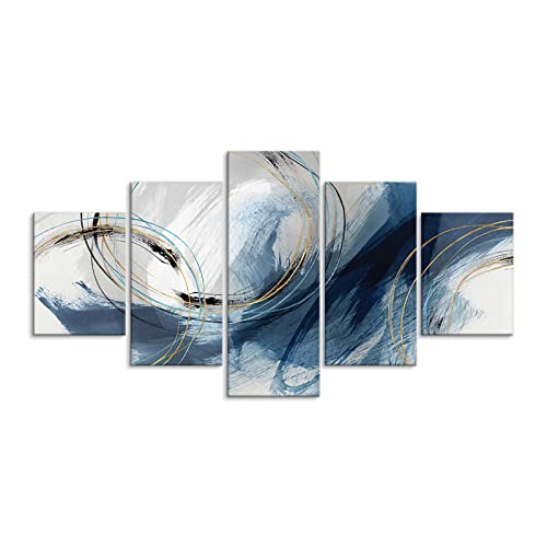 Fu-Keivy Blue Grey Abstract Canvas Wall Art Decor Fantasy Modern Artwork Painting for Living Room Bedroom 5 Panel Wall Pictures Graffiti on White Background - size: 60''W x 40''H