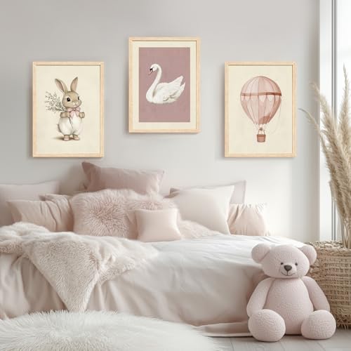 Hianan Wood Framed Pink Cute Bunny Nursery Wall Art Set of 3, 12x16 in - color: Bunny(Wood), size: 16"L x 12"W