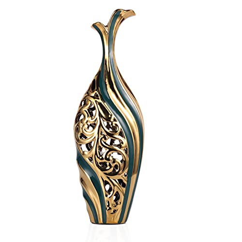 19 inch Tall Floor vase, Green and Gold Ceramic vase, Pottery Decorative vase, Unique Pampas Grass vase Suitable for Living Room Floor, Home Office, Porch Home Centerpiece Decorative Large vase - color: L-green-gold