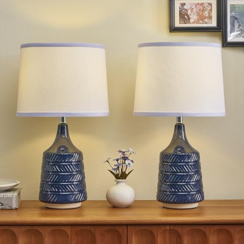 Dark Blue Ceramic Table Lamps Set of 2, 18.5" Modern Bedside Lamps for Night Stands, Classic Small Lamps for Living Room End Tables, Farmhouse Boho Lamp for Bedroom Office, LED Bulbs Included - color: dark blue