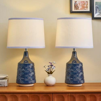 Dark Blue Ceramic Table Lamps Set of 2, 18.5" Modern Bedside Lamps for Night Stands, Classic Small Lamps for Living Room End Tables, Farmhouse Boho Lamp for Bedroom Office, LED Bulbs Included - color: dark blue