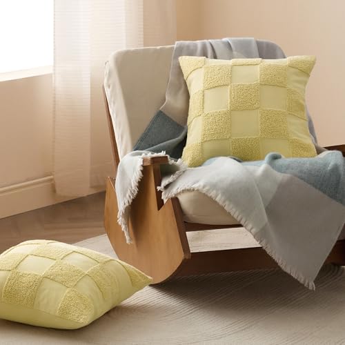 Double Stitch 100% Cotton Boho Checkered Throw Pillow Covers, Lemon Yellow - color: Lemon Yellow, size: 20" x 20" (Pack of 1)