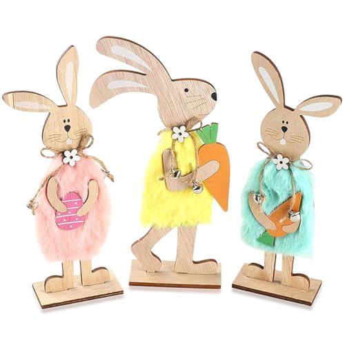 Easter Bunny Decor – 3Pcs Farmhouse Wooden Easter Decorations for Home, Rustic Spring Signs Table Centerpiece, Cute Natural Wood Rabbit Figure for Mantle Shelf Tiered Tray Indoor Decor - color: Fh3014