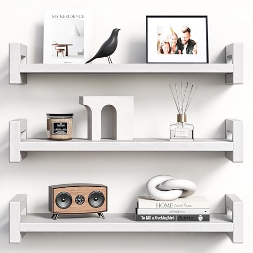 Solid Wood Floating Shelf, 16" Wall Shelf for Room, Rustic Walnut, 3 Pack - color: White, size: 16 inch