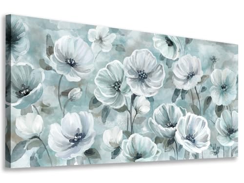 yearainn Floral Canvas Wall Art - Teal Flowers Pictures Wall Decor Turquoise White Blossom Painting Artwork Elegant Botanical Prints for Living Room Bedroom Office Home Decor Ready to Hang 58" x 29" - color: Blue Green White Flowers, size: 58"L x 29"W