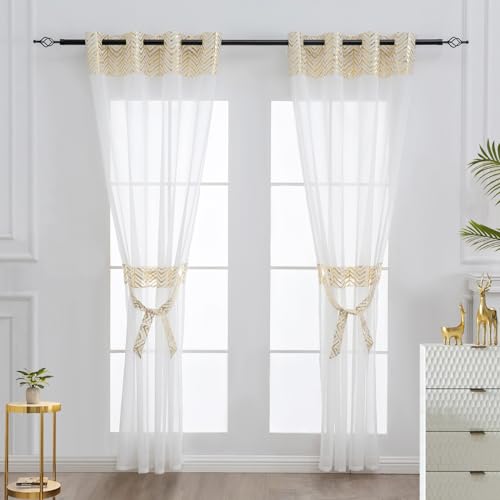 L.Z.E White and Gold Sheer Curtains 72 Inches Long, Curtains for Living Room Dining Room, Light Filtering Window Drapes with Gold Foil Patterned Designs, Grommet Top 2 Panels Set - color: (Grommet) Gold Pattern, size: 54"W x 72"L (Pack of 2)