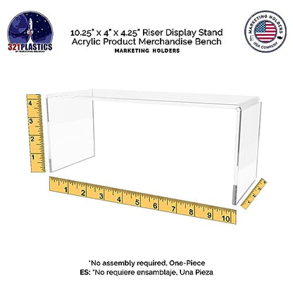 Marketing Holders 4 Pack Clear Acrylic Riser Display Stand 10 Inch Wide by 4 Inch Deep Retail Merchandise Showcase Elongated Bench Clear Plexiglass Counter or Tabletop Products Platform - size: 10.25"W x 4"D x 4.25"H