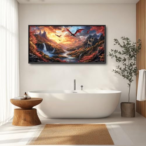 Voxlyra Framed Fall Mountain Dragon Wall Art for Living Room 60'' × 30'' - color: Dragon