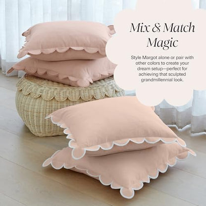 BEBE BASK Scalloped Pillow Cover Set of 2, 18x18, 100% Cotton - Peach Pink - color: Peach Pink/White