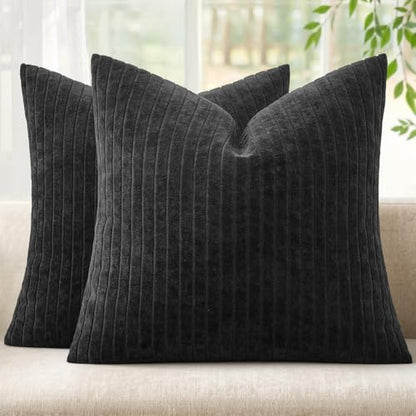 MIULEE Set of 2 Black Textured Striped Throw Pillow Covers 20x20 Inch - color: Black, size: 20" x 20" (Pack of 2)