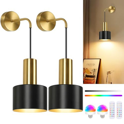 VerRon Rechargeable Wireless Battery Operated Wall Sconces Set of Two - color: Black & Gold with Gold, size: Rechargeable Battery Powered