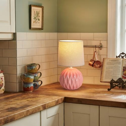 Pink Ceramic Table Lamp with Linen Shade, Small Bedside Lamp for Bedroom - color: Pink