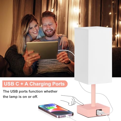 Touch Table Lamp for Bedroom - Dimmable, USB C+A, White Lamphade Pink Base - color: White & Pink