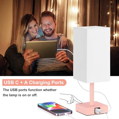 Touch Table Lamp for Bedroom - Dimmable, USB C+A, White Lamphade Pink Base - color: White & Pink