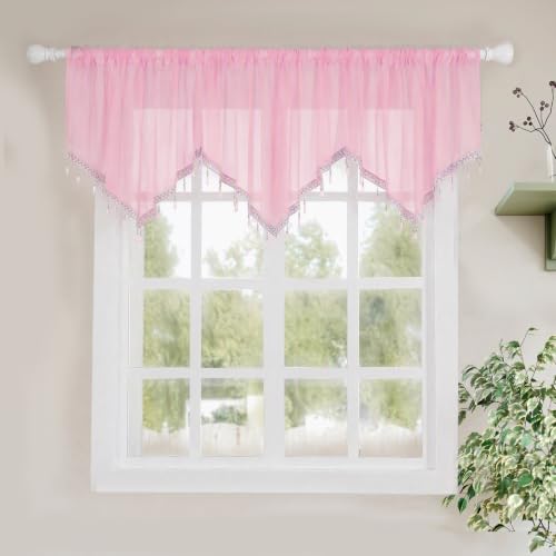 Molaxhome Swag Curtain Scalloped Curtain Valance Drape Sheer Lace Panel 1pc - color: Pink