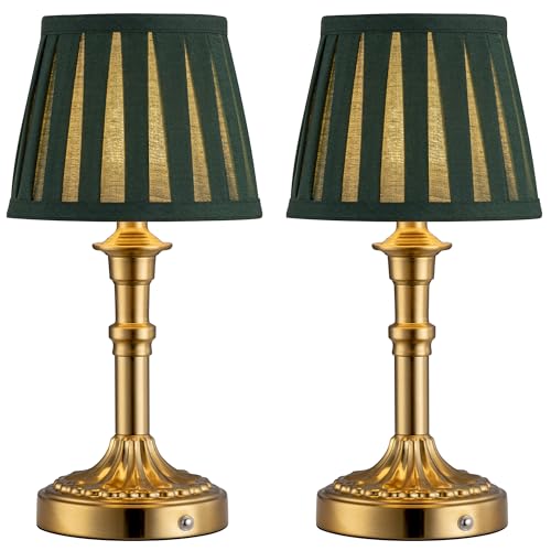 KDG Gold Cordless Table Lamps Set of 2, Green Fabric Shade Small Desk Lamp - color: Gold + Green Lampshde (2 Pack)