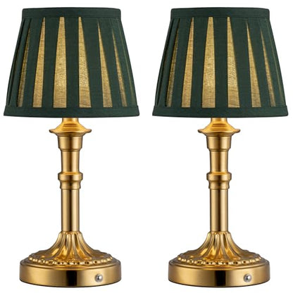 KDG Gold Cordless Table Lamps Set of 2, Green Fabric Shade Small Desk Lamp - color: Gold + Green Lampshde (2 Pack)