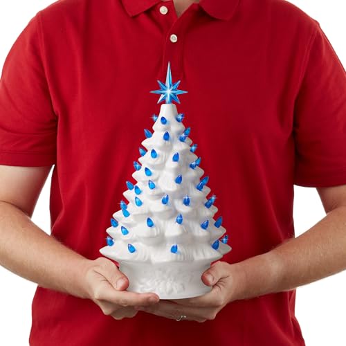 Casafield Hand Painted Ceramic Christmas Tree, White 15-Inch Pre-Lit Tree with 128 Pink and Blue Lights and 2 Star Toppers - color: White Pink Blue Lights
