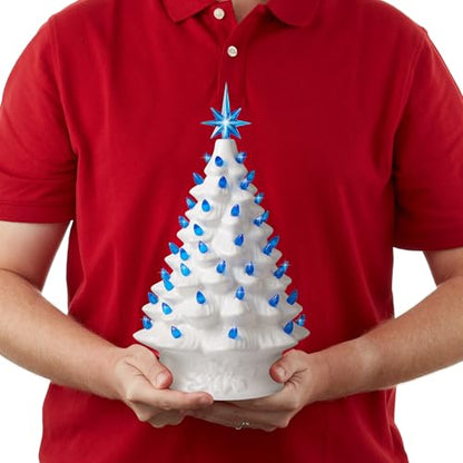 Casafield Hand Painted Ceramic Christmas Tree, White 15-Inch Pre-Lit Tree with 128 Pink and Blue Lights and 2 Star Toppers - color: White Pink Blue Lights