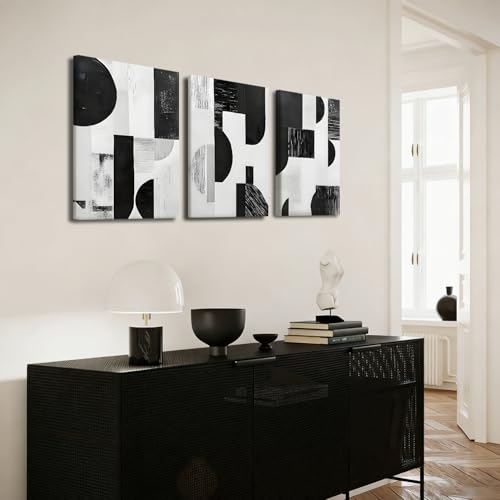 LYYGLYY 3Pcs Framed Black and White Geometric Canvas Wall Art 16x24 Inches - color: Black White Blocks, size: 16x24 Inches