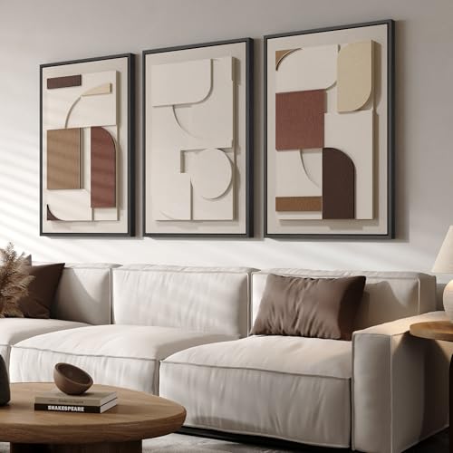 3D Textured Large Framed Neutral Abstract Wall Art for Living Room, 3 Piece - color: Neutral --D, size: 24"w X 36"h X 3pcs