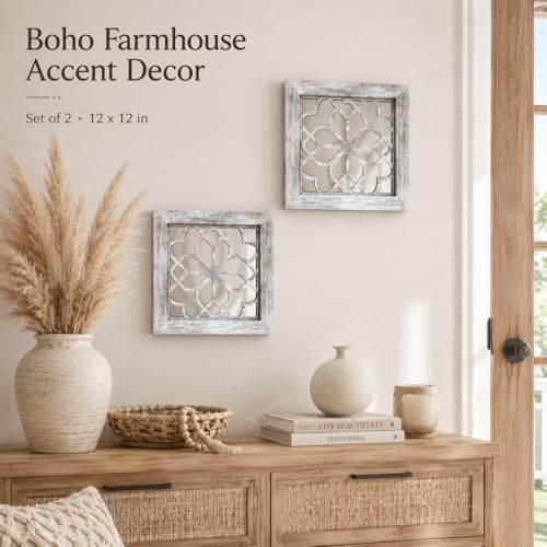 Boho Wall Mirror Decor, Set of 2 Rustic Farmhouse Accent Mirrors 12x12 Inch, Square Acrylic Shatterproof Vintage Style Mirror for Wall, Small Decorative Mirrors for Living Room, Bedroom, Grey - color: Grey（2pcs）, size: 12"L x 12"W