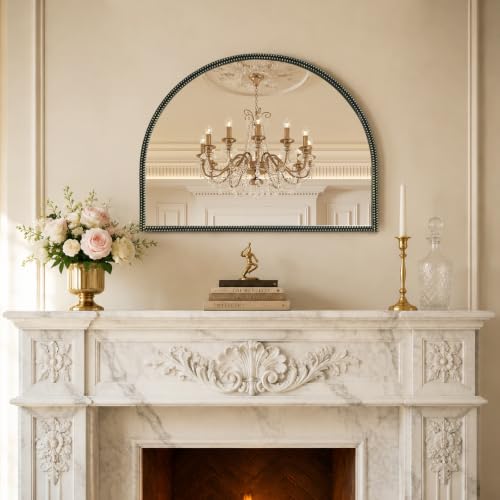 HOMECOOKIN Black Vintage Arched Mirror, 24x32 Inch Vanity Wall Mirror with Antique Metal Beaded Ornate Frame, Baroque Decorative Mirror for Bathroom, Living Room, Fireplace, Entryway - color: Black-a, size: 24"L x 32"W