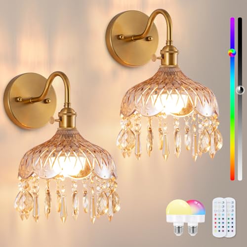 Vintage Battery Operated Set of Two,Wireless Wall Sconces Dimmable Rechargeable Battery, 12 Colors RGB Lamp with Remote for Dining Room Hallway Living Room - color: Amber Crystal-2pack