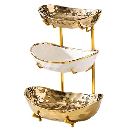 XUDREZ 3 Tier Fruit Bowl with Metal Stand for Kitchen Counter, Ceramic White Gold Silver, Tiered Fruit Basket for Nuts, Snacks, Bread, Candy Storage (Gold) - color: Gold