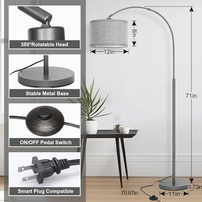 Modern Floor Lamp, Arc Standing Lamp with Gray Lampshade and Pedal Switch - color: Metal Gray Base with Gray Shade