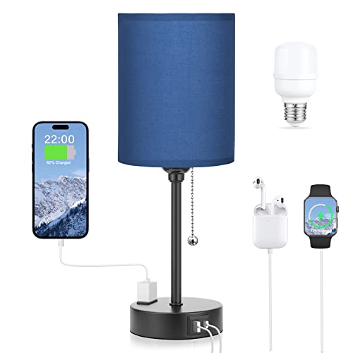 Small Bedside Table Lamp for Bedroom - Desk Lamp with USB Ports for Dorm - color: Navy Blue, size: 14.6 in