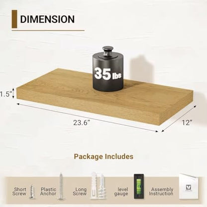 Vivelove 12 Inch Deep Floating Shelves, 24 X 12 Inch, Oak, Set of 2 - color: Oak, size: 23.6”wx12”dx1.5”h
