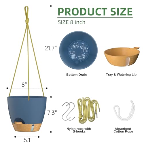 ZMTECH Hanging Planter 8 Inch, 2 Pack Hanging Baskets for Plants Indoor, Hanging Flower Pots with Drainage Hole, Visual Reservoir & Plant Hangers for Outdoor Garden Home Decor - color: Blue, size: 8 Inch