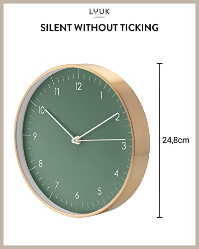 LUUK LIFESTYLE Modern Silent Quartz Wall Clock, 10in, Dark Green & Gold | Designed in Germany, Simple & Elegant, Non-ticking, Analog, Battery operated, Housewarming gift, for Living room, Bedroom - color: Dark Green, 10"