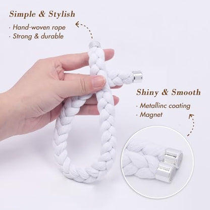 NICEEC 4 Pack Natural Cotton Rope Magnetic Curtain Tiebacks Elegant Twisted Braid Style Drape Tie Backs Soft Hand-Woven Rope Curtain Holdbacks for Home & Office Window Draperies (White-01) - color: White-01, size: 4 Pack