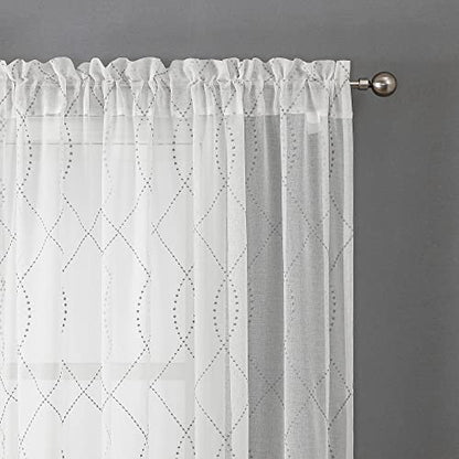 VISIONTEX White Sheer Curtains Grey Dots Moroccan Embroidered 84 Inches - color: Dots-grey, size: 54"W x 84"L (Pack of 2)