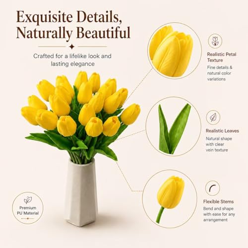 Mandy's 20 Stems Yellow Artificial Tulip Flowers for Home Centerpieces - color: Yellow 20pcs