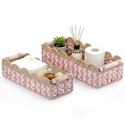 Set of 2 Paper Rope Scalloped Baskets with Wooden Handles