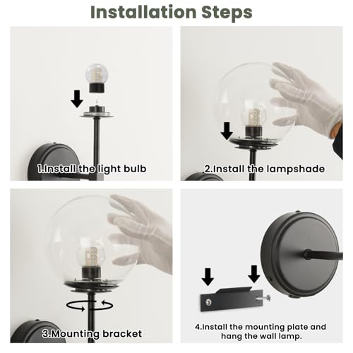 Globe Battery Operated Sconce Set of 2 with Clear Glass Lampshade - color: Black-Clear
