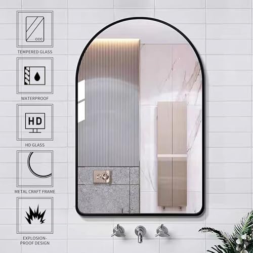 Arched Bathroom Mirror 15"x23",Black,Tempered Glass - color: Black, size: 23"L x 15"W