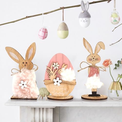 Easter Bunny Decor – 3Pcs Farmhouse Wooden Easter Decorations for Home, Rustic Spring Signs Table Centerpiece, Cute Natural Wood Rabbit Figure for Mantle Shelf Tiered Tray Indoor Decor - color: Fh3015